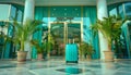 Stylish travel suitcase at the entrance of a luxurious and elegant hotel establishment
