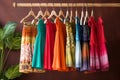 Stylish and trendy fashion garments showcased on a vibrant and colorful clothing rack closet