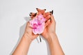 Stylish trendy female black manicure. Beautiful young woman`s hands on white background with flowers