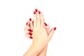 Stylish trendy female manicure. red manicure nails on white background