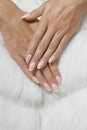 Stylish trendy female pink French manicure on white