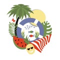 Stylish trendy illustration on a summer theme, vector, sticker composition of summer attributes - pineapple and watermelon, Royalty Free Stock Photo
