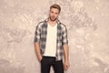 Stylish and trendy. Stylish man abstract background. Handsome guy in stylish wear. Everyday wardrobe for men. Menswear Royalty Free Stock Photo