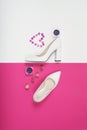 Stylish Trendy white heels . Summer fashion Outfit, Luxury Party shoes. Hipster Essentials. Minimal fashion concept Royalty Free Stock Photo