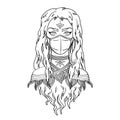 Stylish tribal girl with long hair wearing medical mask. Coronavirus pandemic concept. Monochrome vector illustration of