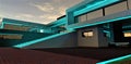 Stylish turquoise lighting in the backyard of a luxury cottage. The wide concrete staircase looks especially attractive. 3d