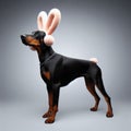 Doberman Pincher with furry rabbit Deeley Bopper ear muffs Royalty Free Stock Photo