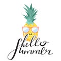 Stylish typography slogan design `Hello summer` sign. Cool pineapple with sunglasses and trendy lettering.