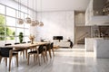 Stylish and upscale interior design merging a white kitchen, dining, and living area Royalty Free Stock Photo