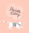 Stylish vector card with cute white cat and stylish lettering 'my little kitty' on the grunge. Royalty Free Stock Photo