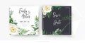 Stylish vector floral watercolor wedding invite save the date set card template set. Yellow, white roses, camellia flowers, Royalty Free Stock Photo