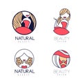 Stylish vector logos for beauty salon or natural cosmetics. Emblems with gentle women silhouettes. Linear labels with