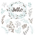 Stylish vector set of plants and wreath with a calligraphy hello.