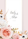 Stylish vector wedding invite, invitation card design. Bouquet  frame, border of blush peach ivory rose flowers, white anemone, Royalty Free Stock Photo