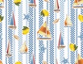 Stylish Vertical Checkered striped with Nautical Elememt Lemon , Sail boat , Sea stars Seamless pattern Illustrations Royalty Free Stock Photo