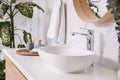 Stylish vessel sink and plants in bathroom. Interior design element Royalty Free Stock Photo