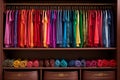 Stylish and vibrant fashion clothes hanging on a colorful clothing rack in a well organized closet