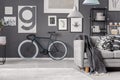 Stylish vintage bike in grey living room interior with sofa and gallery of posters