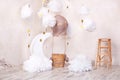 Stylish vintage children`s room with aerostat, balloon and textile clouds. Children`s location for a photo shoot: aerostat, balloo