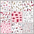 Stylish vintage motive fashion seamless pattern pink cosmetics accessories vector illustration.