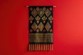 A stylish wall hanging with geometric patterns in black and gold, isolated on a solid ruby red background Royalty Free Stock Photo