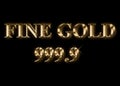 Stylish wallpaper Fine Gold 999.9 with shining golden stars and letters on black background.