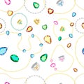Seamless pattern with multicolored diamonds and gold and silver chains Royalty Free Stock Photo