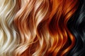 Stylish wavy hair in blonde, orange, and brown tones for a vibrant look.