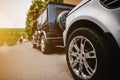 Stylish wedding cortege of cars, close up wheels Royalty Free Stock Photo