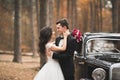 Stylish wedding couple, bride, groom kissing and hugging near retro car in autumn Royalty Free Stock Photo