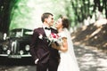 Stylish wedding couple, bride, groom kissing and hugging on retro car Royalty Free Stock Photo