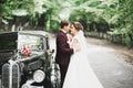 Stylish wedding couple, bride, groom kissing and hugging on retro car Royalty Free Stock Photo