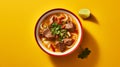 Stylish West Lake Beef Soup: Vibrant Food Photography On Yellow Background Royalty Free Stock Photo