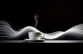 stylish white cup of tea or coffee with steam on black background, swirl and wave pattern, drink concept with elegant Royalty Free Stock Photo