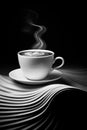 stylish white cup of tea or coffee with steam on black background, swirl and wave pattern, drink concept with elegant Royalty Free Stock Photo