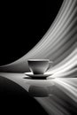 stylish white cup of tea or coffee with steam on black background, swirl and wave pattern, drink concept with elegant Royalty Free Stock Photo