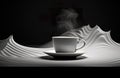 stylish white cup of tea or coffee with steam on black background, swirl and wave pattern, drink concept with elegant Royalty Free Stock Photo