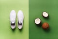 Stylish white sneakers and rope on green background with copy space. Top view. Minimal flat lay. Summer shoes collection