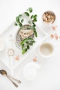 Stylish white table top, social media flat lay with plants