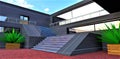 Stylish wide staircase with metal steps in the courtyard of modern housing finished with innovative composite material. 3d