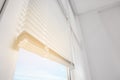 Stylish window with horizontal blinds in room, low angle view Royalty Free Stock Photo
