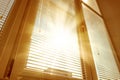 Stylish window with horizontal blinds in room, low angle view Royalty Free Stock Photo
