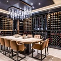 A stylish wine cellar with floor-to-ceiling wine racks, a tasting table, and a cozy seating area for wine enthusiasts4, Generati