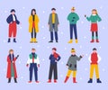 Stylish winter people. Snowy season fashion characters, happy male and female wear warm clothes and accessories. Trendy