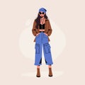 Stylish woman. Cartoon female character wearing casual outfit, fashionable hipster girl in trendy clothes, vogue