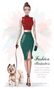 Stylish woman in fashion clothes with little dog. Beautiful fashion woman with hand bag. Sketch.