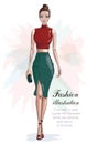 Stylish woman in fashion clothes: red crop top and green skirt. Beautiful fashion woman with hand bag. Sketch.