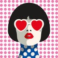 Stylish woman with heart glasses and bob haircut. Seamless geometric pattern.