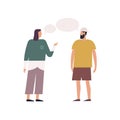 Stylish woman and hipster bearded guy talking each other with speech bubbles isolated on white. Cartoon people having Royalty Free Stock Photo