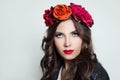 Stylish woman with red lips makeup. Girl in flower crown portrait Royalty Free Stock Photo